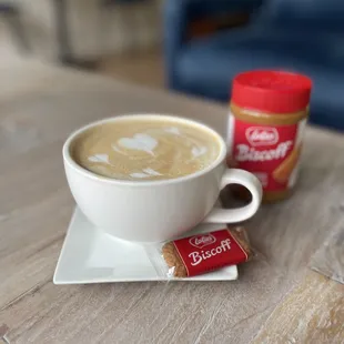 Biscoff Latte made with real biscoff cookie butter spread, served with an individual biscoff cookie