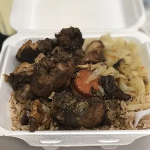 Stewed chicken with cabbage and rice and peas....