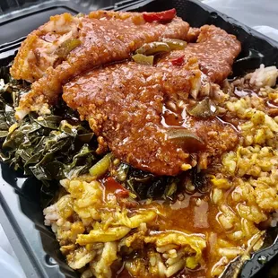 Fried Tilapia topped with Jerk Sauce, Collard Greens &amp; Rice with Curry Sauce added...