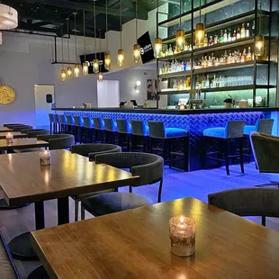 a bar with blue lighting