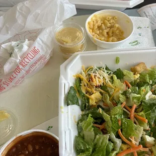 Grilled Chicken Salad, Cheese Burger Combo, Mac and Cheese, BBQ Beans