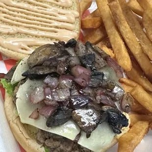 Mushroom Swiss Cheeseburger and Fries