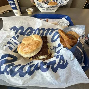 Cheeseburger and onion rings!