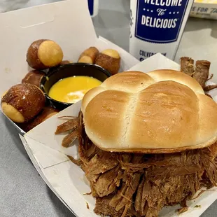 Beef Pot Roast Sandwich Basket w/ Pretzel Bites &amp; Wisconsin Beer Cheese