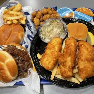 North Atlantic Cod Dinner, Wisconsin Cheese Curds and Mushroom&amp; Swiss Burger is all I need!