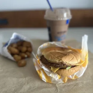Burger, cheese curds, medium concrete