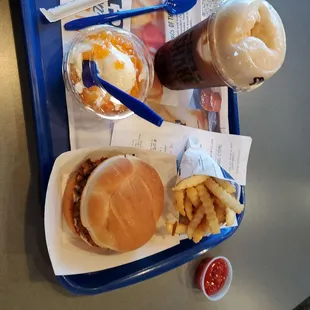 Pot roast sandwich A+ , root beer float A+ , fries A+ and dish of peach ice cream A+ (more cream than ice &amp; a lot of peach).