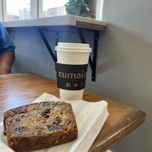 Banana bread, almond milk mocha