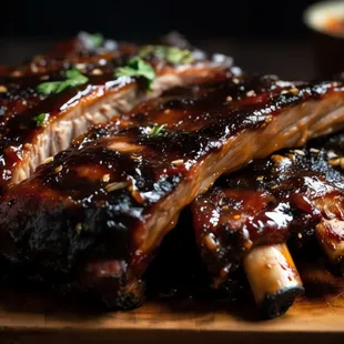 a close up of ribs on a cutting board