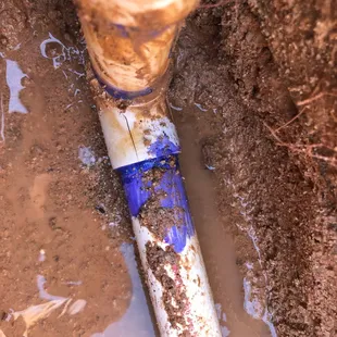 A cracked 90 (L) , under 12 inches of dirt, right next to the meter. 20 minutes of digging.