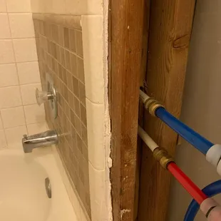 red and blue pipes are the new ones tied into the old white