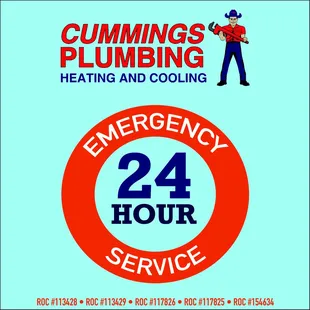 24/7 Emergency service with Cummings Plumbing Heating and Cooling!