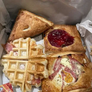 Apple turn over (good), cherry filled (good), bacon waffle (pass, it was just ok) &amp; salami filled (will buy again)