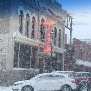Exterior of Cunningham's on a snowy day!