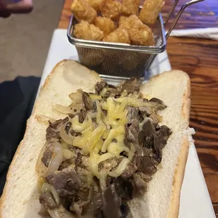 Tri Cheese Steak Sandwich with Tots