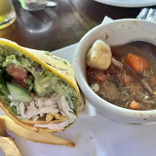 1/2 soup &amp; 1/2 hummus Turkey wrap