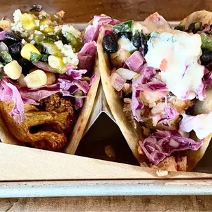 Cauliflower taco and salmon taco