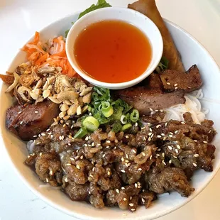 Lemongrass pork and meatball vermicelli bowl for $15