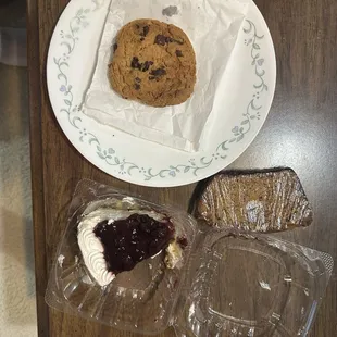 Thick Chocolate chip cookie, black cherry cheesecake slice, banana nut bread slice