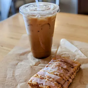 Iced maple oat latte and strawberry pop tart