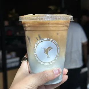 Blue Hummingbird Latte with espresso and oat milk