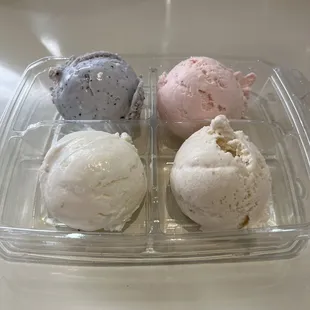 ice cream flight: honey lavender blueberry, guava, lychee, gulab jamun