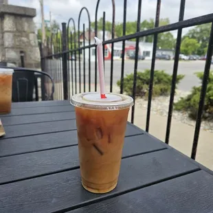Iced coffee with cream and sugar.