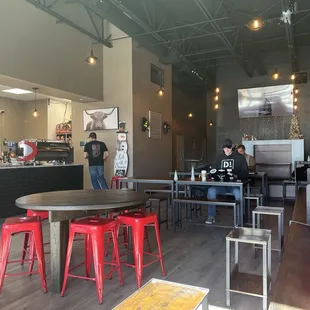 Another view with the counter area and seating area.