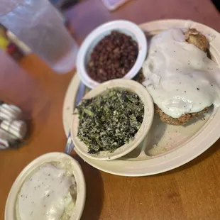 Chicken Fried Chicken W/ Milk Gravy, Italian Spinach, Field Peas W/snaps with Fresh Mashed Potatoes and Milk gravy.