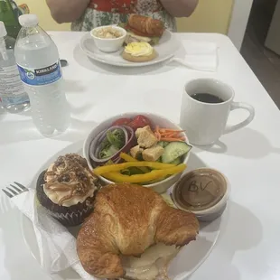 Garden salad, snickerdoodle cupcake, turkey Swiss panini on croissant