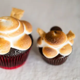 S&apos;more cupcakes are made with graham cracker crust, ganache-filled chocolate cake, and toasted marshmallow frosting. Babycake size, too!