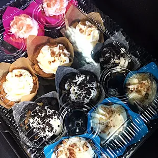 a tray of cupcakes