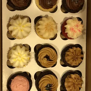 a dozen cupcakes in a box