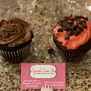 Chocolate with chocolate on the left, and red velvet with strawberry on the right. mmm