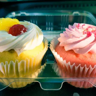 two cupcakes in a plastic container