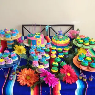 Fiesta themed cakes and cupcakes baked and designed by Amy for 3yr old and 9yr old birthday party