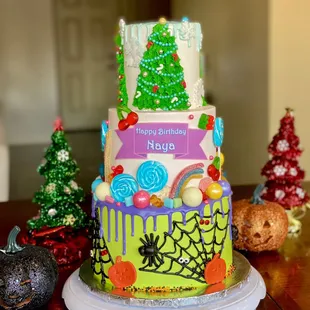 Christmas, Halloween and candy theme 3 tier cake