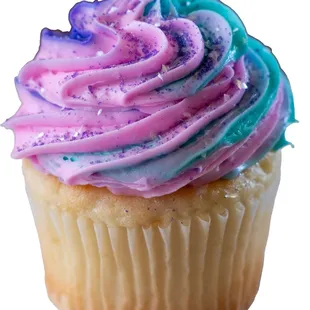Princess Cupcake - Almond flavored White Cake with a pink/blue swirl vanilla buttercream, topped with colorful confetti sprinkles.