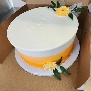 An 8 inch round. Customer had her own topper for the  &quot; CUTIE&quot; orange  inspired baby shower cake.