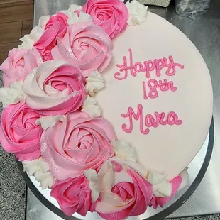 An 8 inch round. Simply elegant pink theme birthday cake.