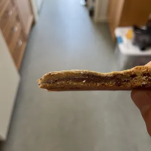 Chocolate chip cookie side view of middle