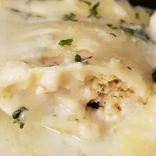 This is the inside of the Seafood Ravioli with Alfredo sauce.