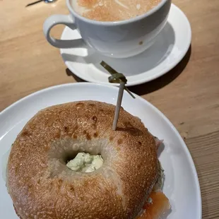 House-cured Salmon, Herb cream cheese, Cucumber, Bagel Wholewheat, Sesame.  Chai Latte