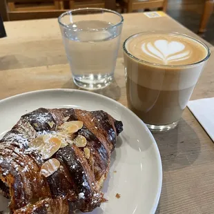 almond chocolate croissant, flat white