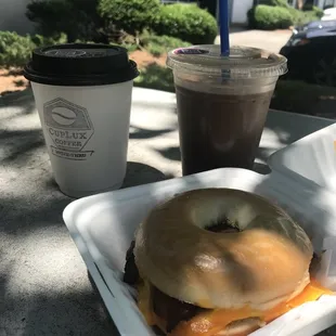 Bacon egg and cheese breakfast sandwich, black and white mocha, hot white chocolate mocha