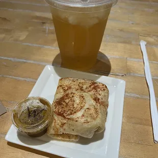 Egg burrito with iced Lavender Green Tea