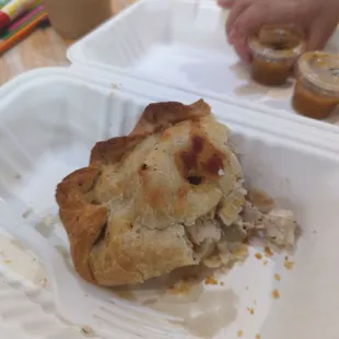 Chicken and potatoes Cornish pasty. $9.50 delicious lemony flavor.