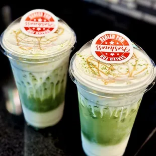 Iced Matcha Latte with Carmel cold foam