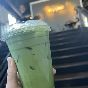 Iced pandan matcha latte with almond milk
