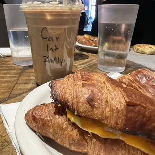 Caramel Latte and Sausage Egg and Cheese Croissant